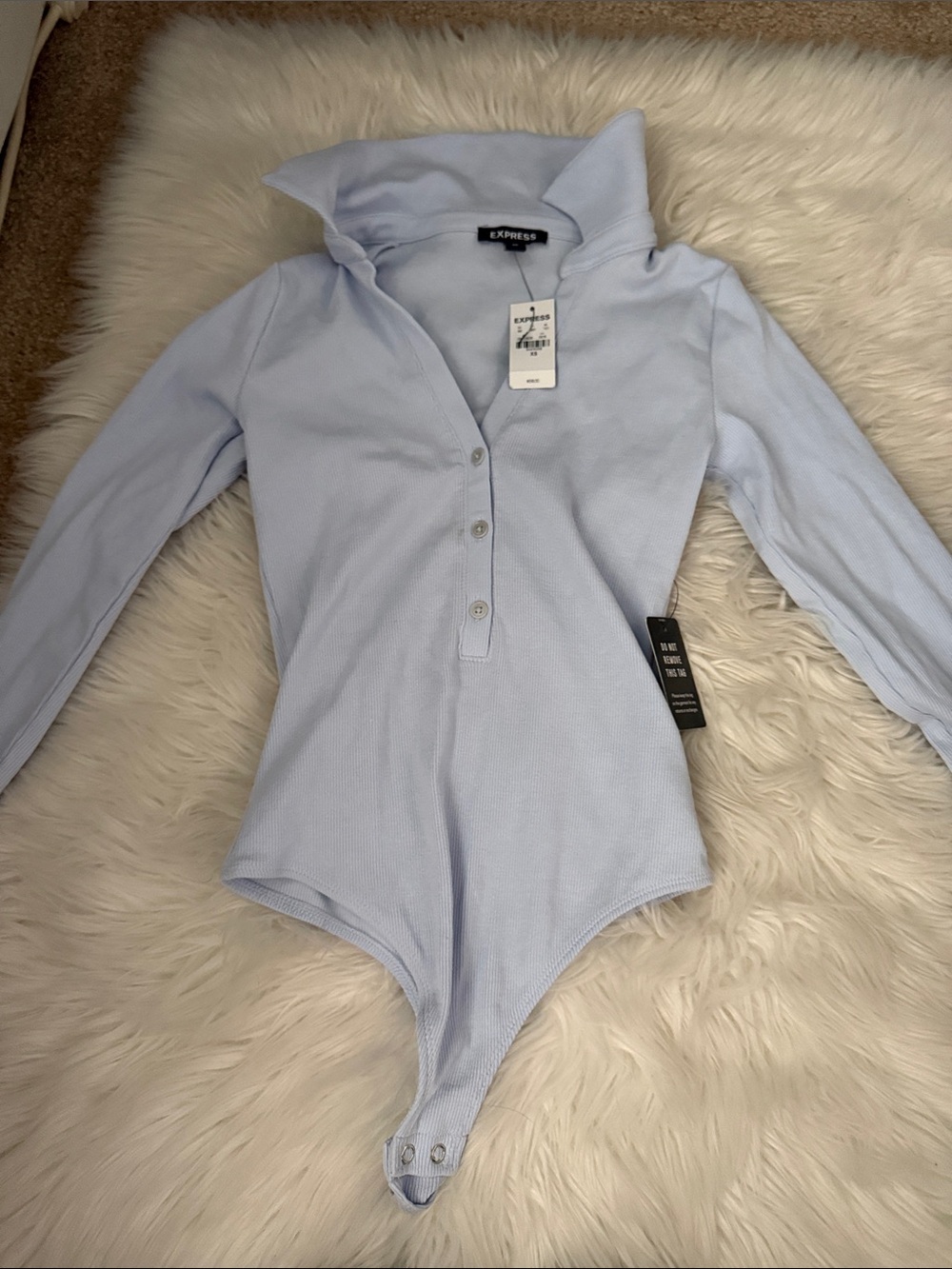 Express Light Blue Ribbed Long-Sleeve Bodysuit